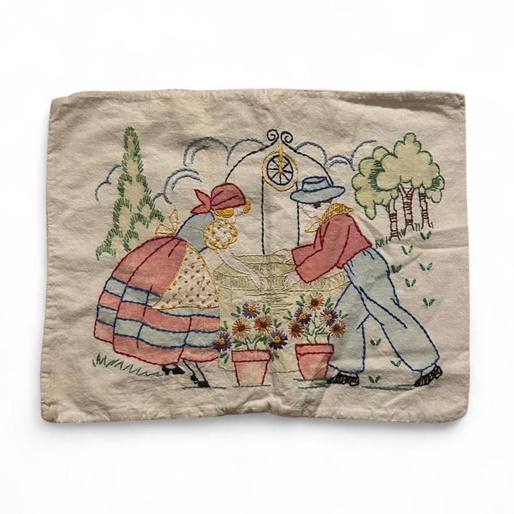 Vintage Embroidered Farm Couple Pillow Sham Country Cottage Folk Art 12x15